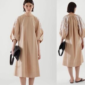 COS Pinkish-Beige Midi Dress with Voluminous, Structural, Embroidered Sleaves